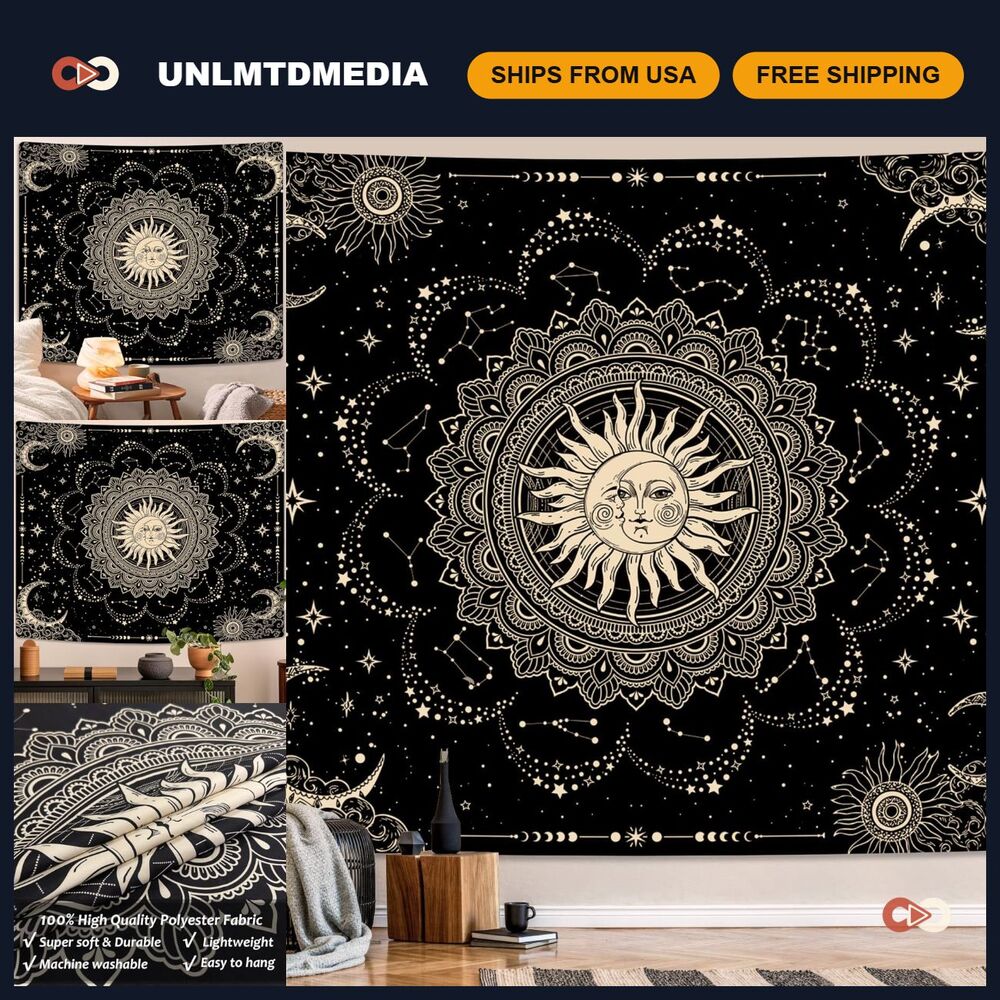 Sun and Moon Tapestry - Black Gold Mandala Wall Hanging, Boho Astrology Decor 59